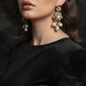 Floral Crystal Pearl Drop Earrings